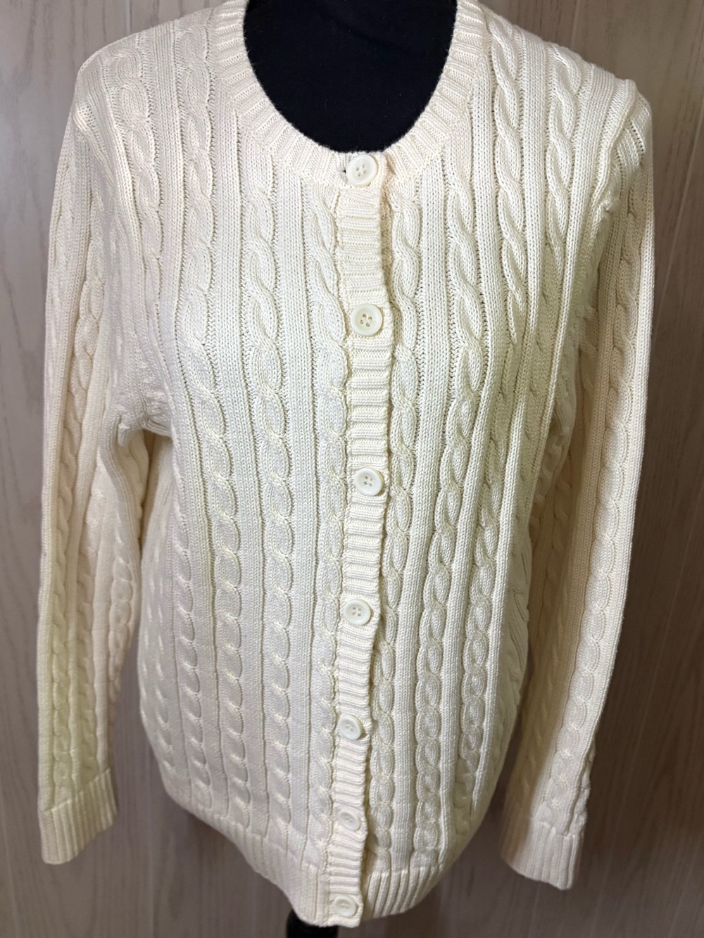 Lands’ End White Cable Knit Button-Front Cardigan Sweater L 12-14